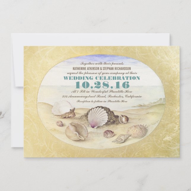 Vintage beach seashells wedding invitation (Front)