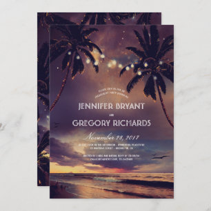Vintage Beach Sunset Palm Lights Engagement Party Invitation