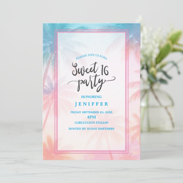 Vintage Beach Sunset Palm Trees Pastel             Invitation (Standing Front)