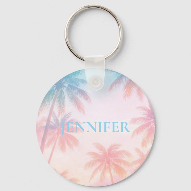 Vintage Beach Sunset Palm Trees Pastel             Key Ring (Front)