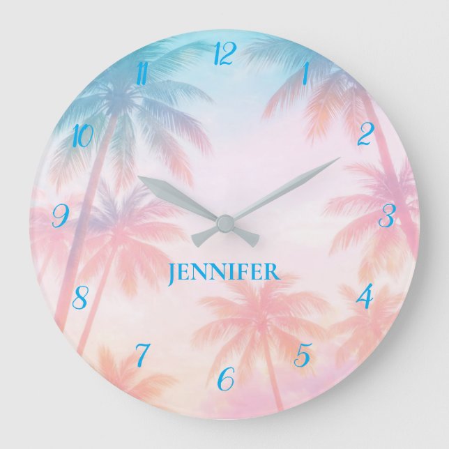 Vintage Beach Sunset Palm Trees Pastel             Large Clock (Front)