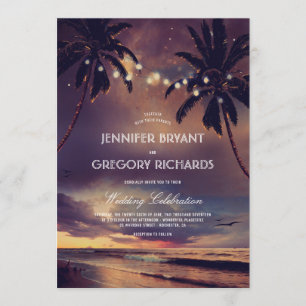 Vintage Beach Sunset String Lights Palms Wedding Invitation