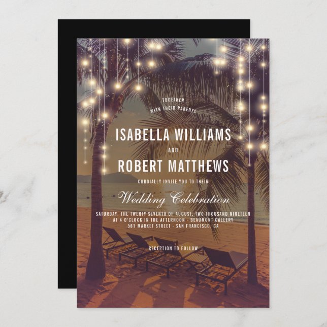 Vintage Beach Sunset & String Lights Wedding Invitation (Front/Back)