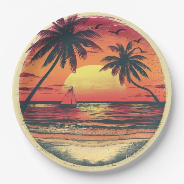 Vintage Beach Sunset Tropical Hawaiian Party Paper Plate (Front)