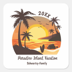 Vintage Beach Sunset Vacation surf orange brown Square Sticker