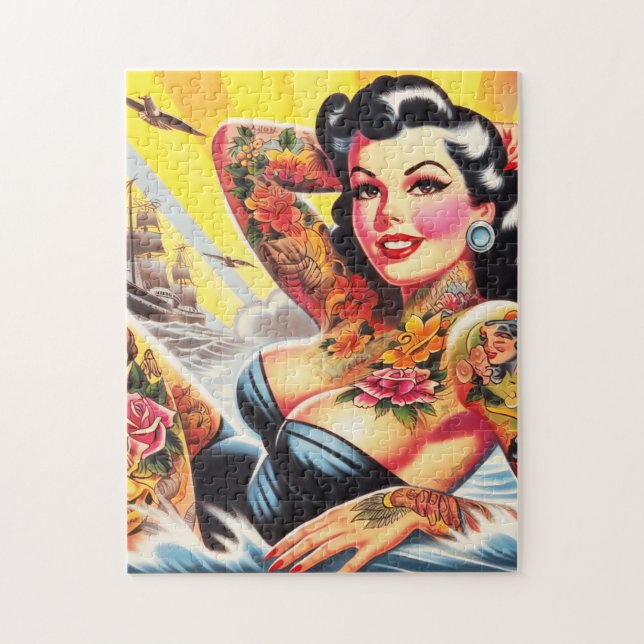 Vintage Beach Tattoo Pinup Jigsaw Puzzle (Vertical)
