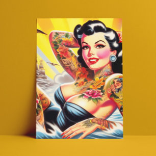 Vintage Beach Tattoo Pinup Postcard