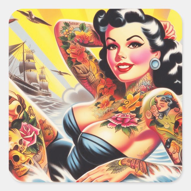 Vintage Beach Tattoo Pinup Square Sticker (Front)