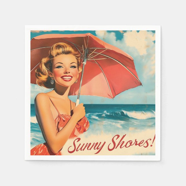 Vintage Beach Vacation Poster: Blond Pin-Up  Napkin (Front)