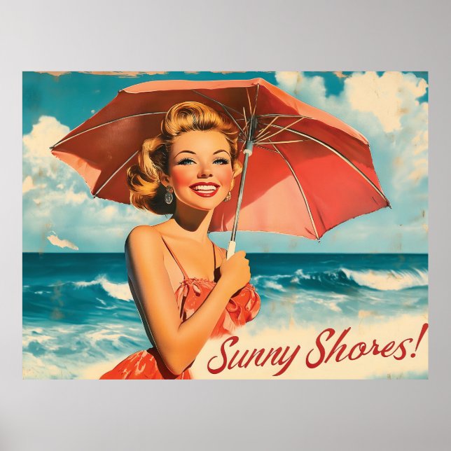 Vintage Beach Vacation Poster: Blond Pin-Up  Poster (Front)