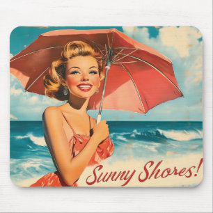 Vintage Beach Vacation Poster: Blonde Pin-Up Mouse Pad