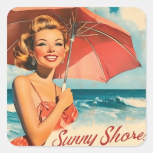 Vintage Beach Vacation Poster: Blonde Pin-Up  Square Sticker