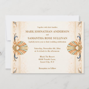 Vintage beach wedding coral blue shell invitation