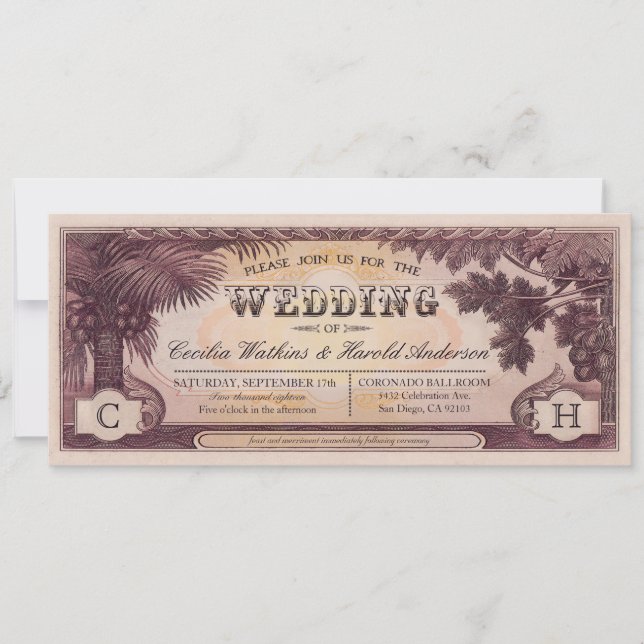 Vintage Beach Wedding Ticket Invitations v.1 (Front)