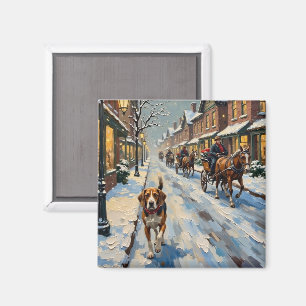 Vintage Beagle on Snowy Victorian Christmas Street Magnet
