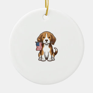 Vintage Beagle Puppy American Flag Shirt Design_1 Ceramic Tree Decoration