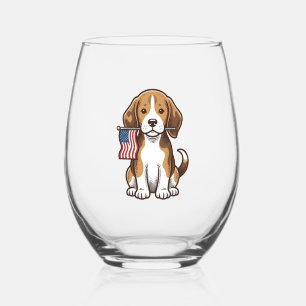 Vintage Beagle Puppy American Flag Shirt Design_1 Stemless Wine Glass