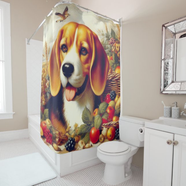 Vintage Beagle Puppy Painting Shower Curtain (In Situ)