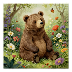 Vintage bear and butterflies in a garden poster