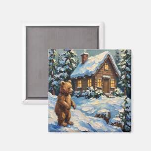 Vintage Bear Cub at Snowy Christmas Pine Cabin Magnet