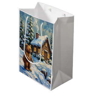 Vintage Bear Cub at Snowy Christmas Pine Cabin Medium Gift Bag