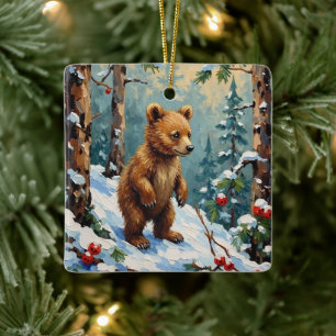 Vintage Bear Cub in Snowy Pine Forest Christmas Ceramic Ornament