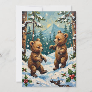 Vintage Bear Cubs Playing in Snowy Christmas Holiday Card