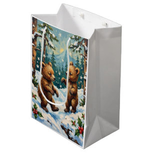 Vintage Bear Cubs Playing in Snowy Christmas Medium Gift Bag