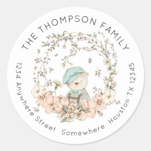 Vintage Bear Greenery Floral Return Name Address Classic Round Sticker