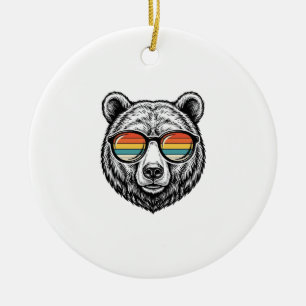 Vintage Bear Sunglasses Vector Graphic Design_1 Ceramic Tree Decoration
