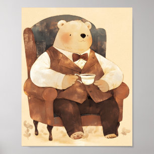 Vintage Bear Tea Time Nursery Wall Art Print