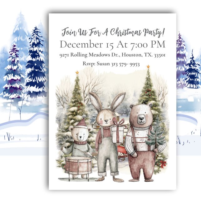 Vintage Bears And Rabbit Christmas Party Invitation (Creator Uploaded)