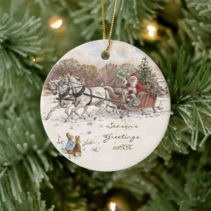Vintage Beatrix Potter Christmas Rabbits and Santa Ceramic Tree Decoration