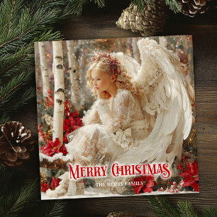 Vintage beautiful angel red poinsettias holiday card