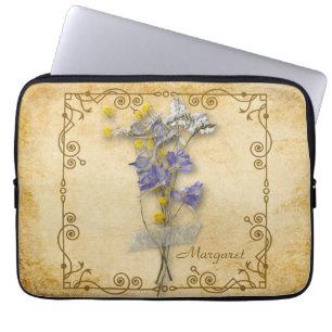 Vintage Beautiful Beige Dried Flowers with Name Laptop Sleeve
