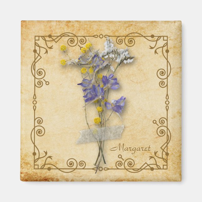 Vintage Beautiful Beige Dried Flowers with Name Magnet (Front)