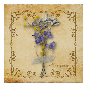Vintage Beautiful Beige Dried Flowers with Name Poster