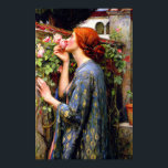Vintage Beautiful Lady And Pink Rose Flower Poster<br><div class="desc">Portrait of a beautiful lady in blue dress smelling pink roses in the garden. Digitally remastered 1900s oil painting.</div>