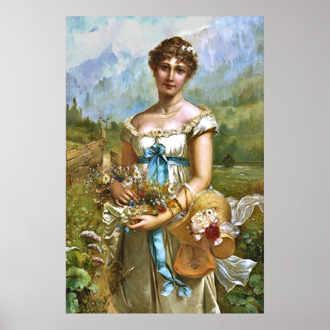Vintage Beautiful Lady Blue Ribbon White Flowers Poster (Front)