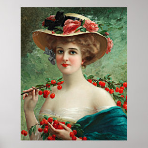 Vintage Beautiful Lady, Flower Hat & Cherries Poster