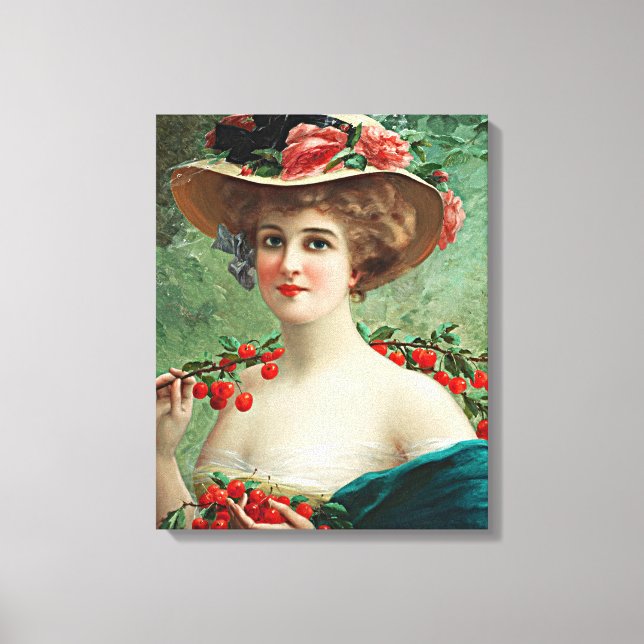 Vintage Beautiful Lady, Flowered Hat & Cherries Canvas Print (Front)