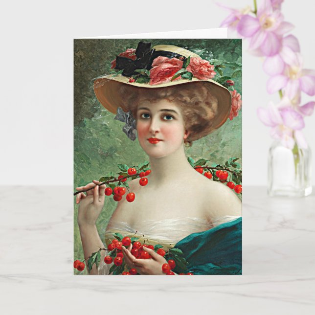 Vintage Beautiful Lady, Flowered Hat & Cherries Card (Orchid)
