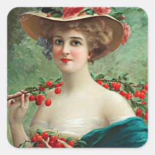 Vintage Beautiful Lady Flowered Hat & Cherries Square Sticker