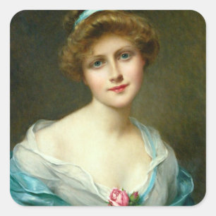 Vintage Beautiful Lady Green Dress   Square Sticker