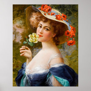 Vintage Beautiful Lady In Blue, Yellow Rose Flower Poster