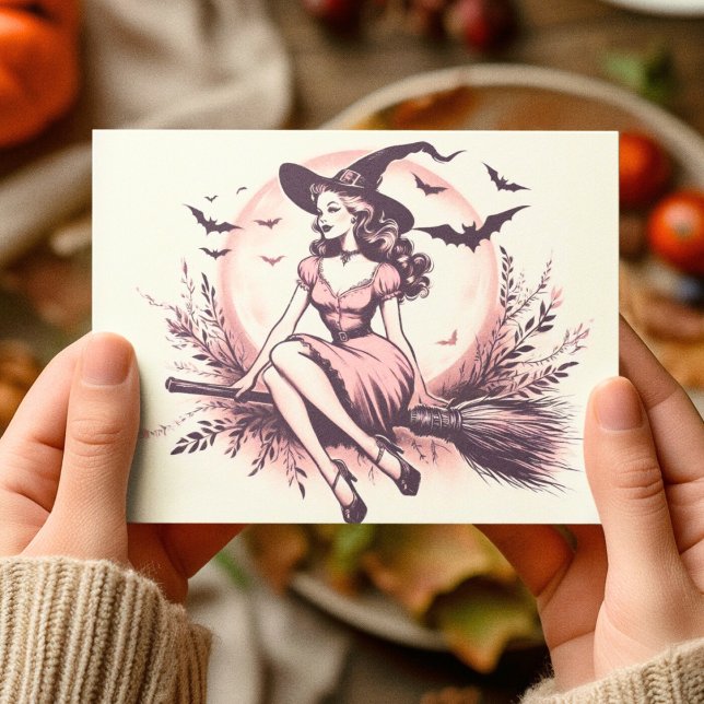 Vintage Beautiful Witch On Broom Stick Postcard (Creator Uploaded)
