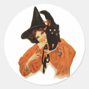 Vintage Beautiful Witch with Black Cat On Shoulder Classic Round Sticker