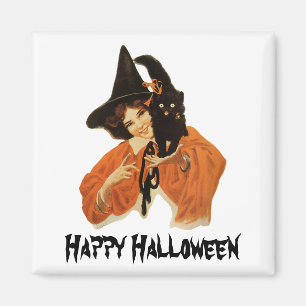Vintage Beautiful Witch with Black Cat On Shoulder Magnet
