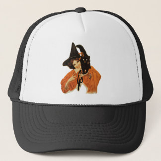 Vintage Beautiful Witch with Black Cat On Shoulder Trucker Hat