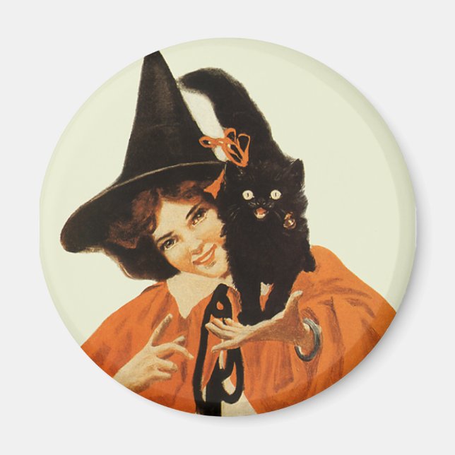 Vintage Beautiful Witch with Cute Black Cat Magnet (Front)